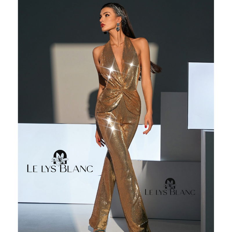 Eny Backless Twisted Sequin Jumpsuit - Le Lys Blanc