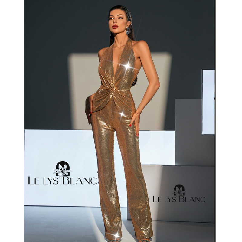 Eny Backless Twisted Sequin Jumpsuit - Le Lys Blanc