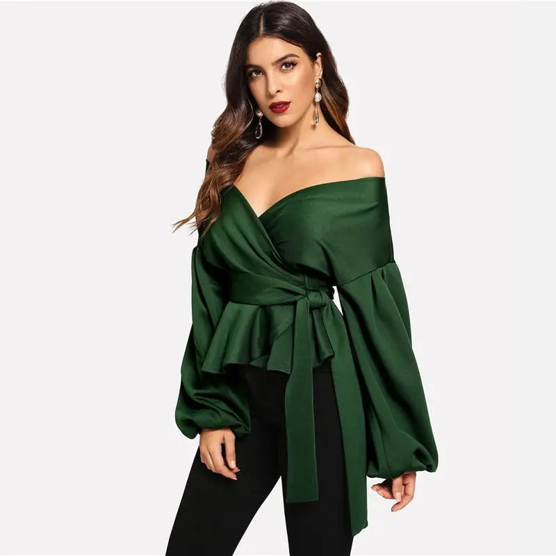 Emerald Elegance Wrap Blouse - Le Lys Blanc