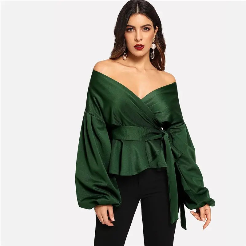 Emerald Elegance Wrap Blouse - Le Lys Blanc