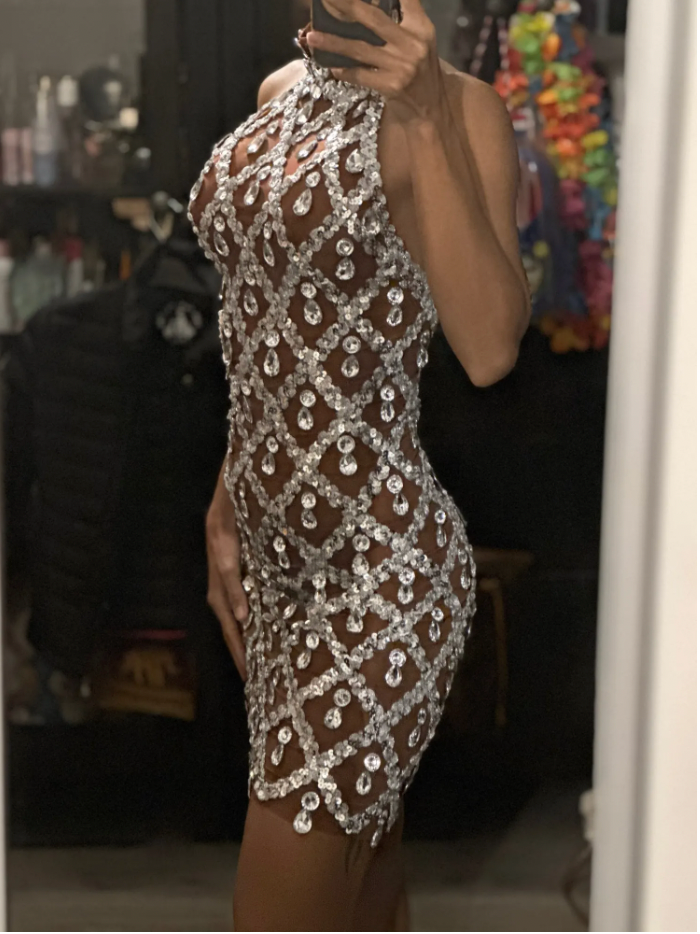 Evely Sequin Crystal Mini Dress - Le Lys Blanc